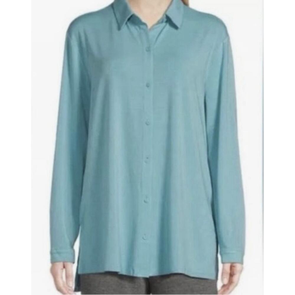 NWT Eileen Fisher Stretch Jersey Classic Collar Long Sleeve Shirt Glacier M